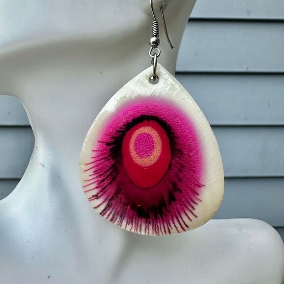 Pink peacock abalone teardrop statement earrings - Picture 1 of 7